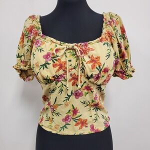 No Boundaries Juniors Y2K Hawaiian Babydoll‎ Milkmaid Top Size M Yellow Coquette